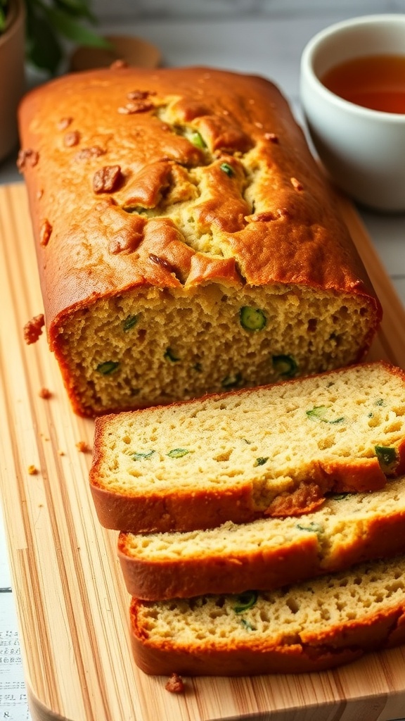 Sliced zucchini bread on a wooden cutting board, showcasing its moist texture and green zucchini flecks.